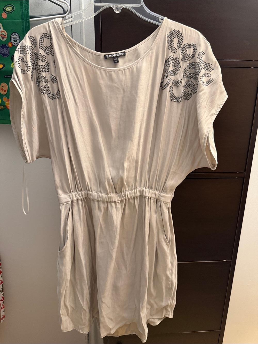 Express Cream Short Sleeve Romper with Leopard Rhinestone Shoulders